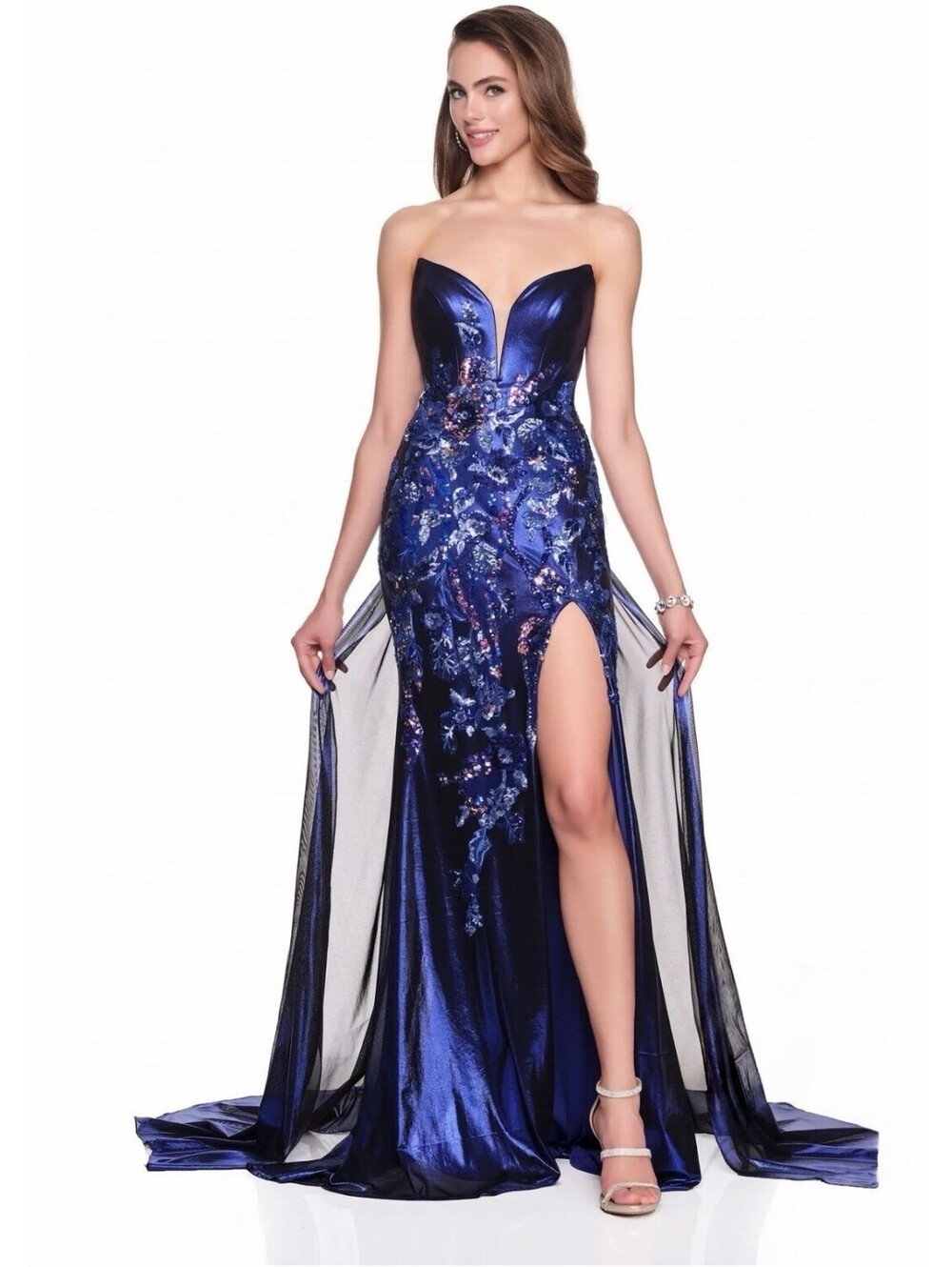 Royal Metallic Blue Prom Dress Size 6 Formal Evening Gown Corset Floral Train